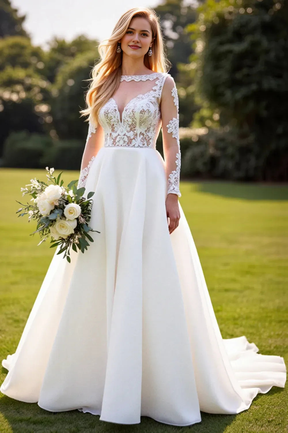 A Line Sweetheart Long Wedding Dress with Lace ﻿