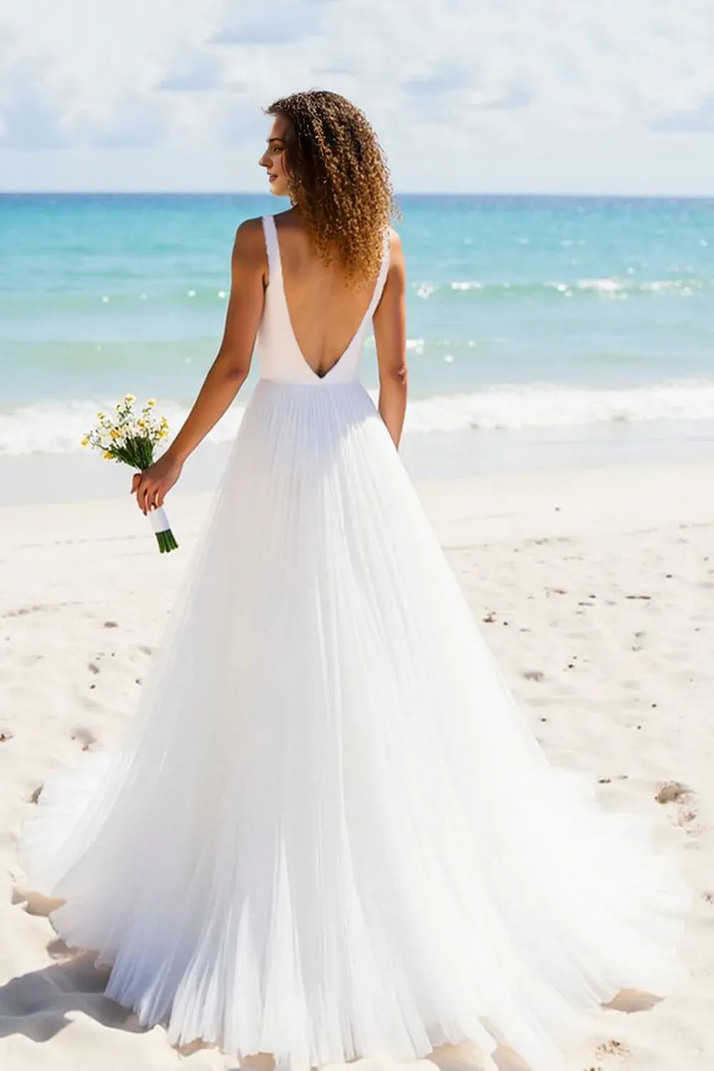 A Line Tulle V-Neck Backless Sweep Train Wedding Dress