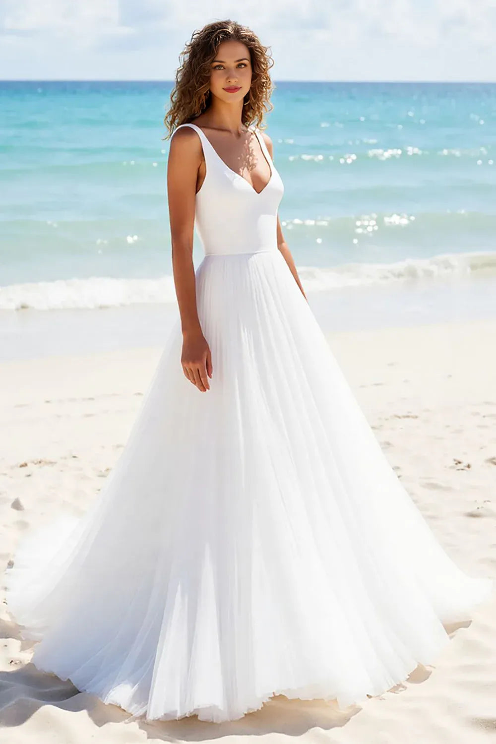 A Line Tulle V-Neck Backless Sweep Train Wedding Dress
