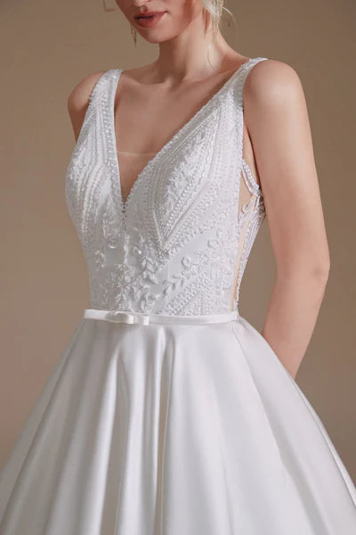 A Line V Neck Floor Length Applique Wedding Dress