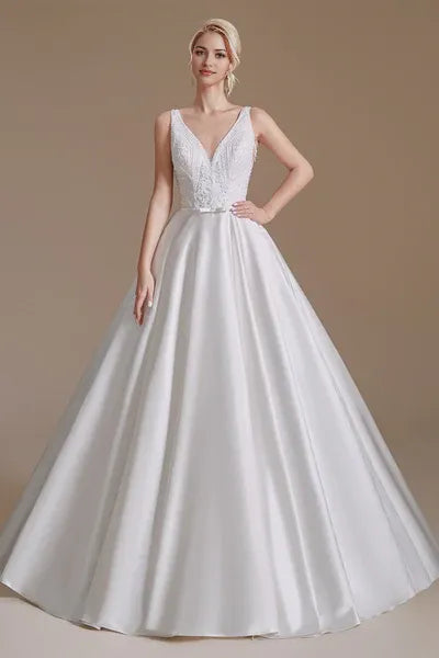 A Line V Neck Floor Length Applique Wedding Dress