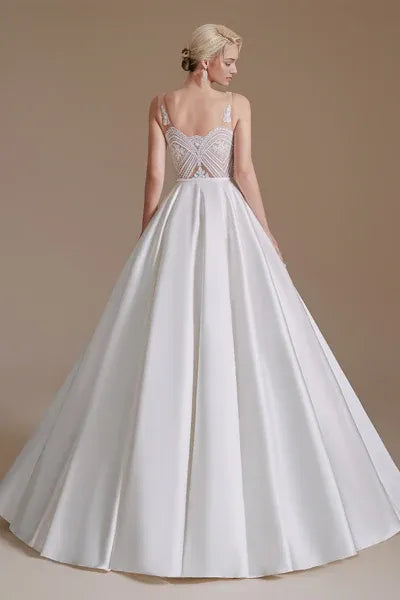 A Line V Neck Floor Length Applique Wedding Dress