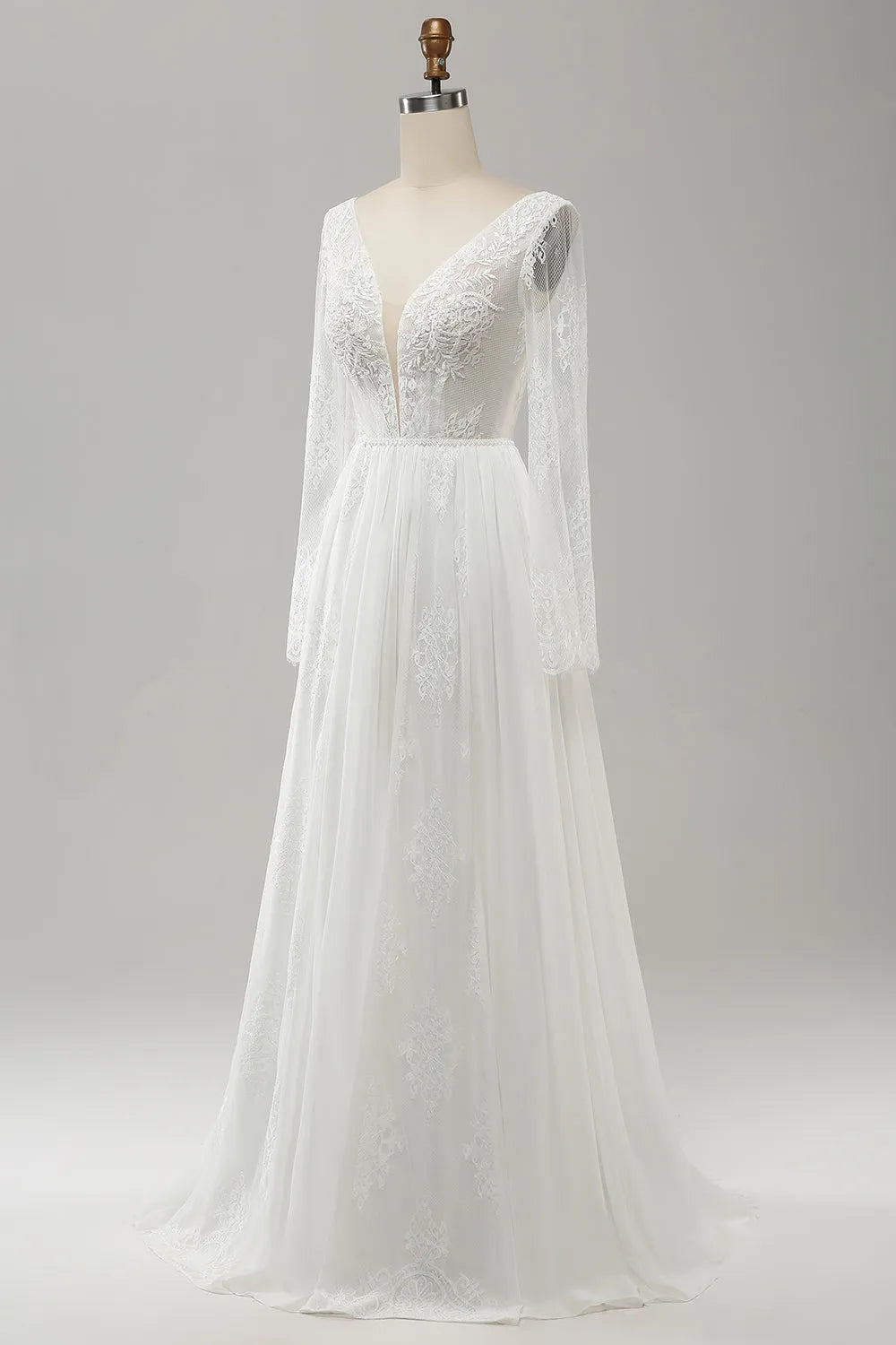 A Line V Neck Long Sleeve Beach Boho Wedding Dress with Lace Appliqued