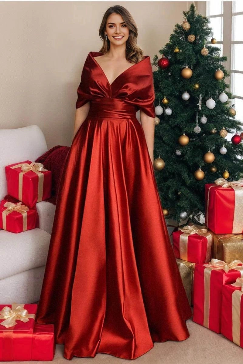 A Line V Neck Satin Mother of the Bride Dresses ﻿