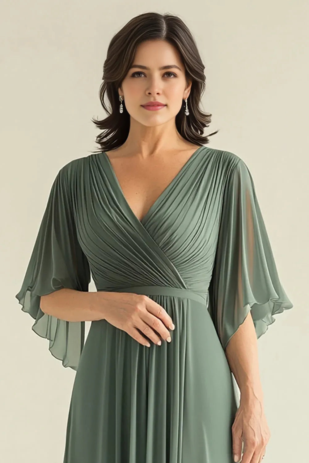 Agave Chiffon Pleated Flare Sleeves V Neck Mother of The Bride Dress