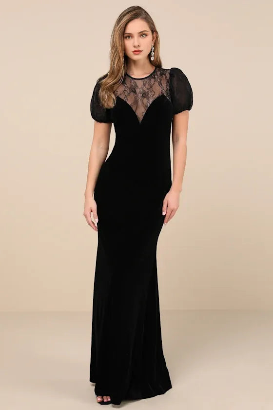 Alluring Event Black Velvet Lace Puff Sleeve Evening Dresses