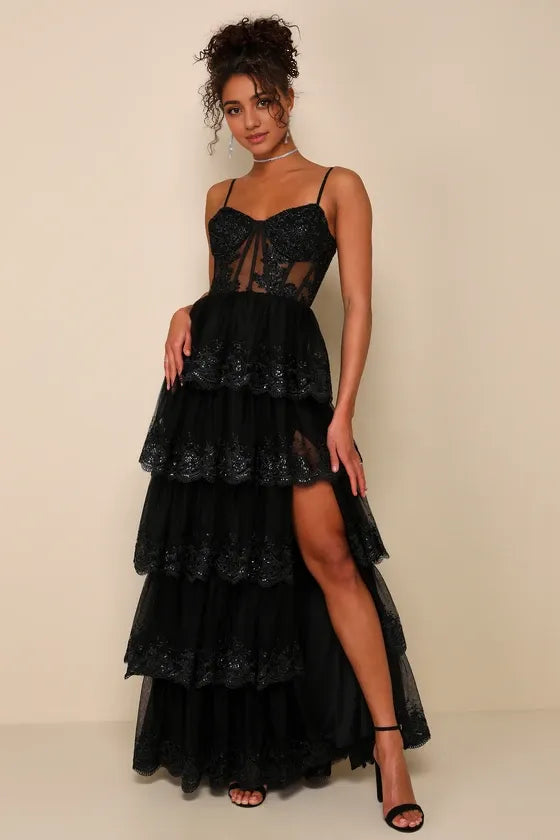 Alluring Sensation Black Tulle Embroidered Tiered Evening Dresses