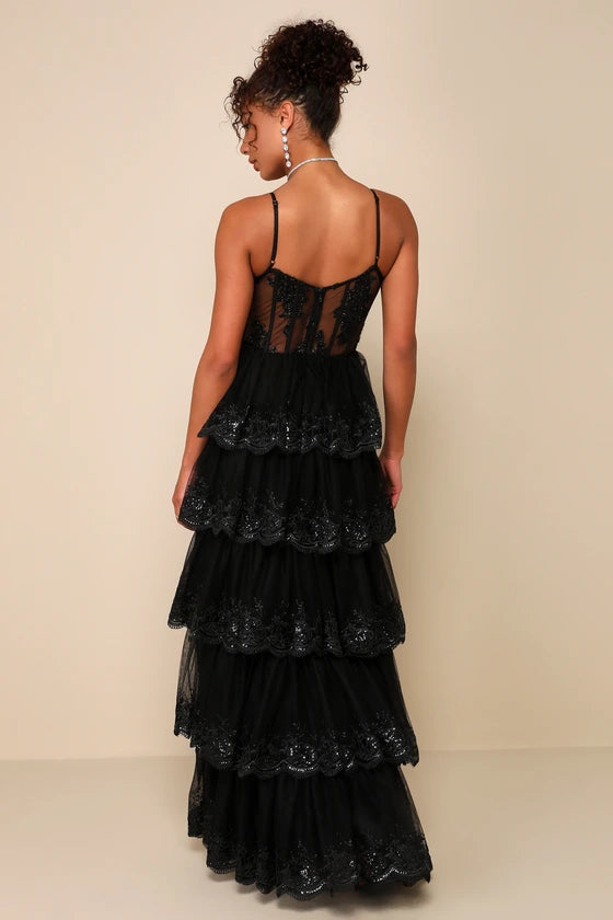Alluring Sensation Black Tulle Embroidered Tiered Evening Dresses
