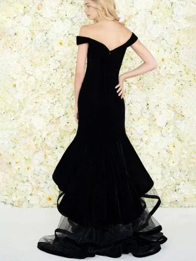 Amazing Evening Dress Mermaid Off-The-Shoulder Velour Ruffles Formal Split Party Dresses