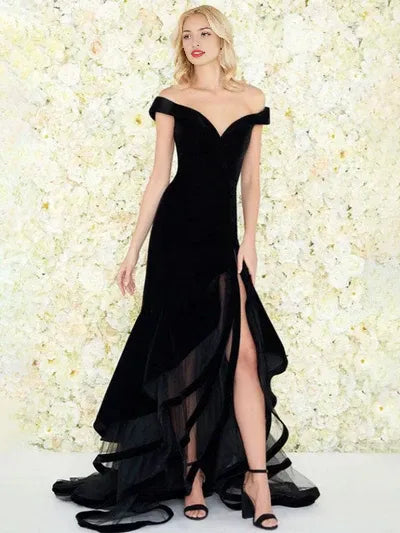 Amazing Evening Dress Mermaid Off-The-Shoulder Velour Ruffles Formal Split Party Dresses