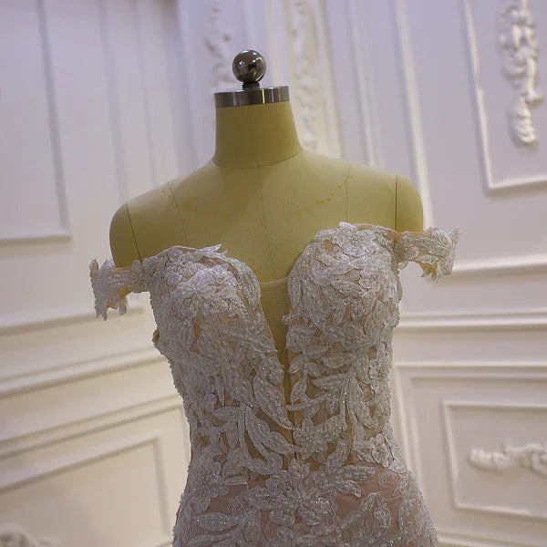 Floral Applique Illusion Plunging V Neck Mermaid Wedding Dresses