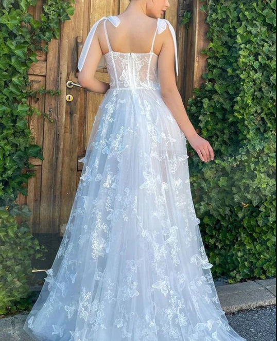 Appliques High Slit Floral Sleeveless Long Prom Formal Dress