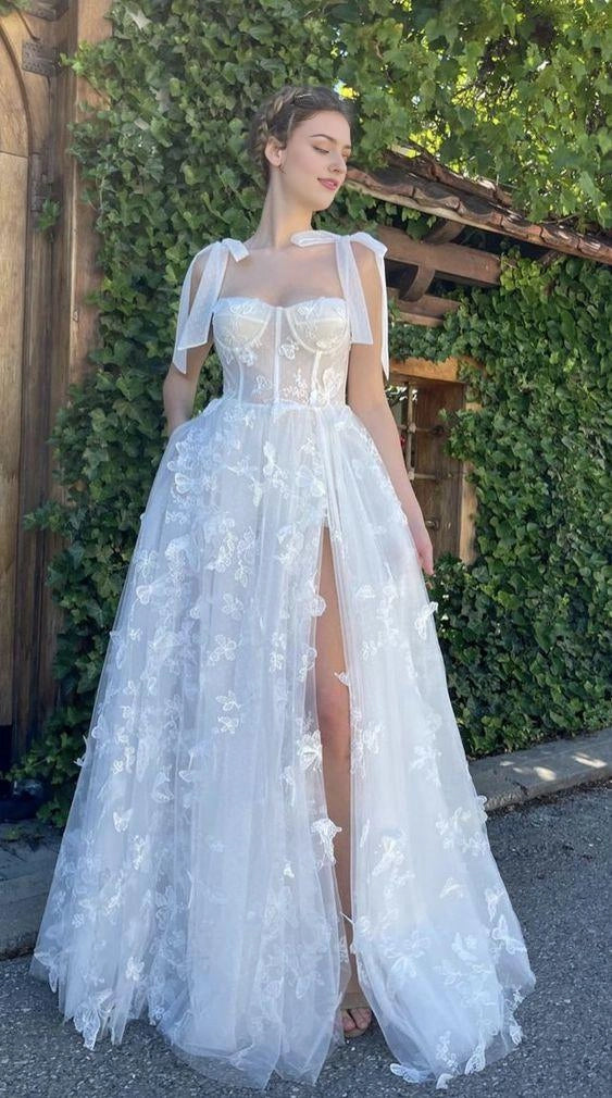 Appliques High Slit Floral Sleeveless Long Prom Formal Dress