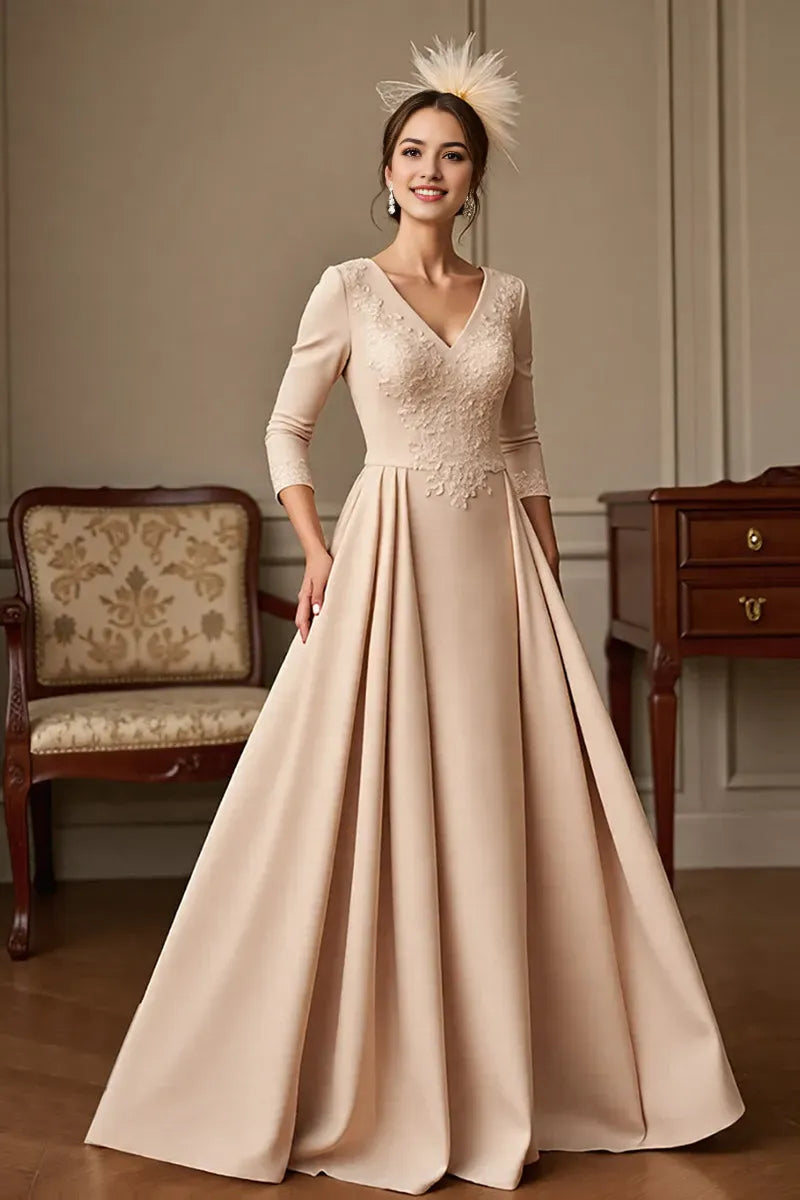 Apricot A Line Satin V-Neck Mother of the Bride Dress with Lace