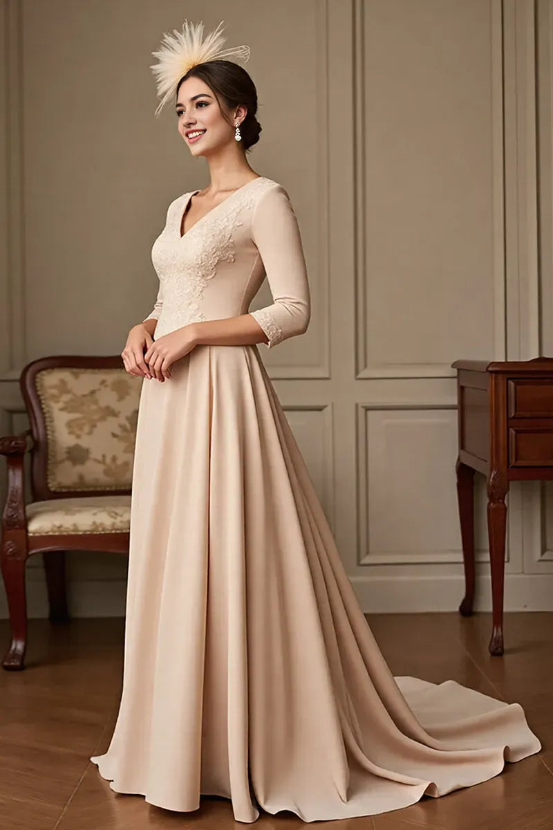 Apricot A Line Satin V-Neck Mother of the Bride Dress with Lace