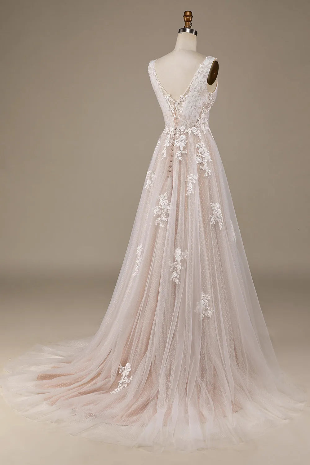Apricot Tulle Sweep Train Wedding Dress with Lace ﻿