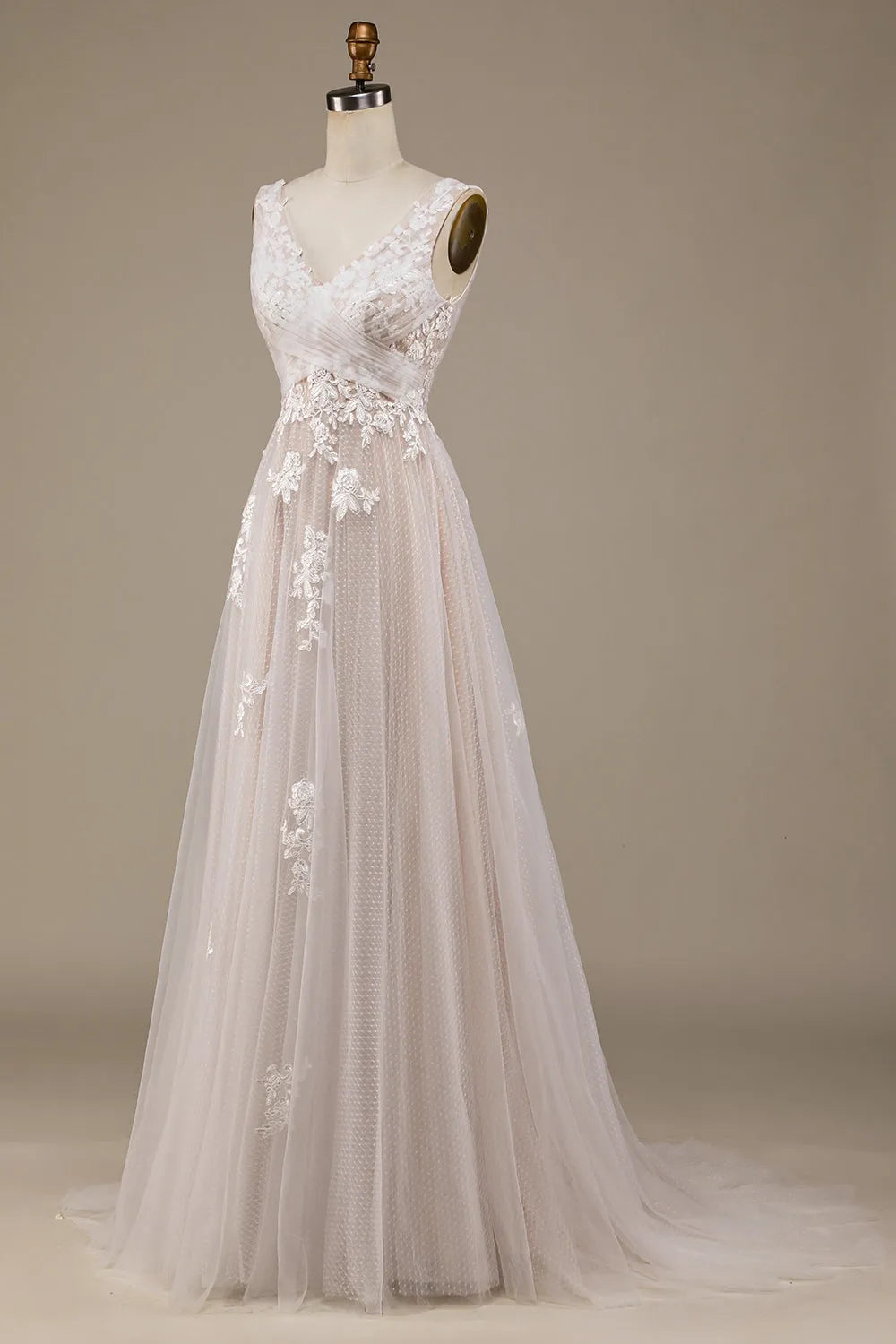 Apricot Tulle Sweep Train Wedding Dress with Lace ﻿