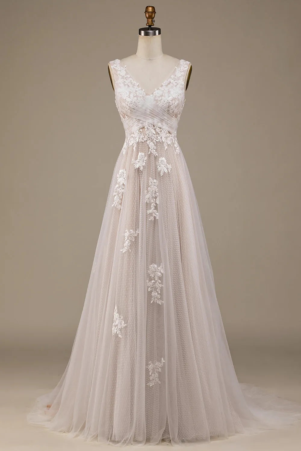 Apricot Tulle Sweep Train Wedding Dress with Lace ﻿