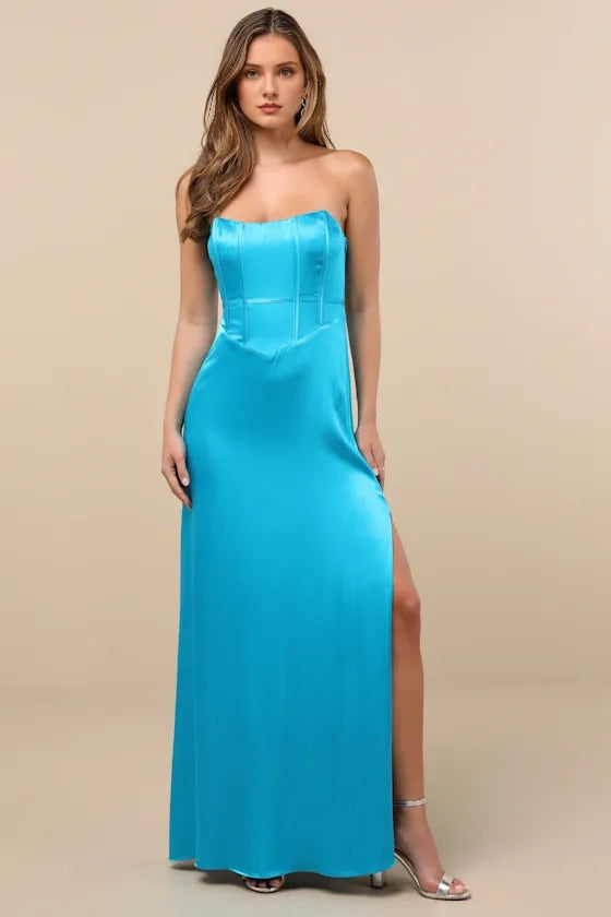 Aqua Blue Satin Strapless Evening Dresses