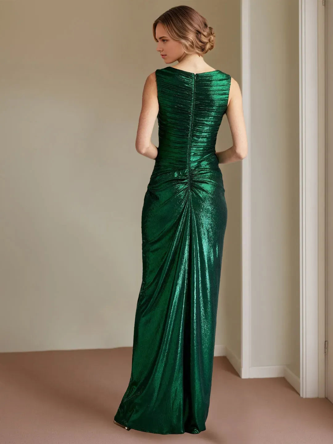 Asymmetric Neck Sleeveless Floor-Length Prom Evening Dresses with Split Side Ruffles