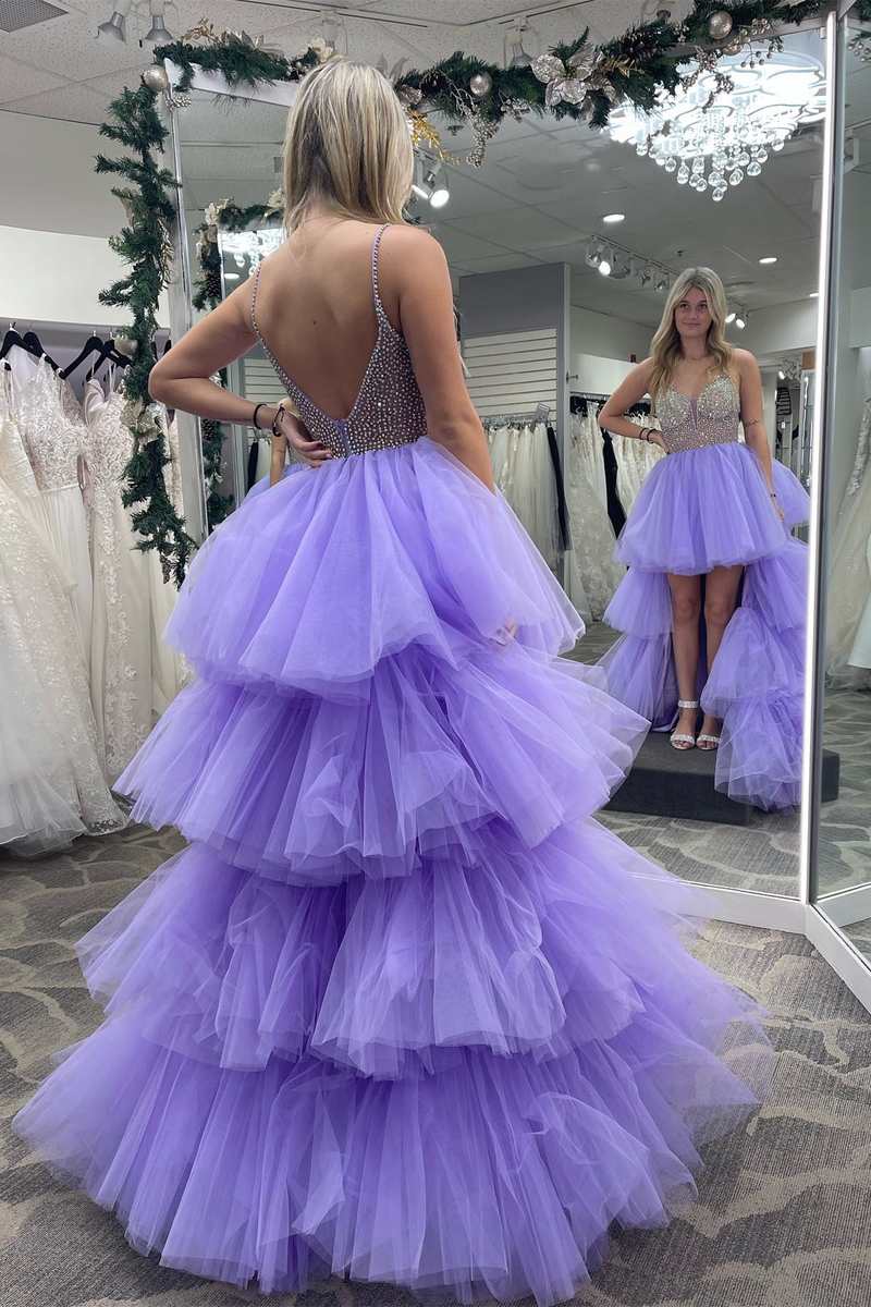 DingJiDress Prom Dress Asymmetrical High-Low Spaghetti Straps Beaded Multi-Tiered