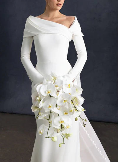 Asymmetrical Long Sleeves Satin Wedding Dresses