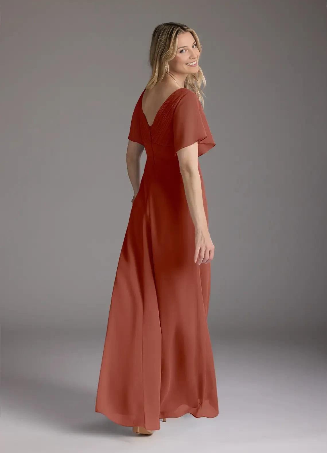 Auburn A-Line V-Neck Pleated Chiffon Mother of the Bride Dress with  Flutter Sleeves and Flowy Maxi Skirt