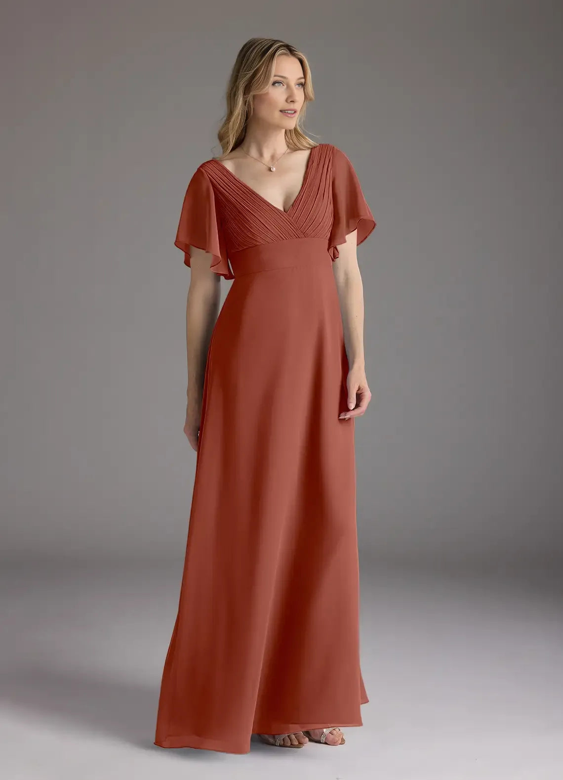Auburn A-Line V-Neck Pleated Chiffon Mother of the Bride Dress with  Flutter Sleeves and Flowy Maxi Skirt