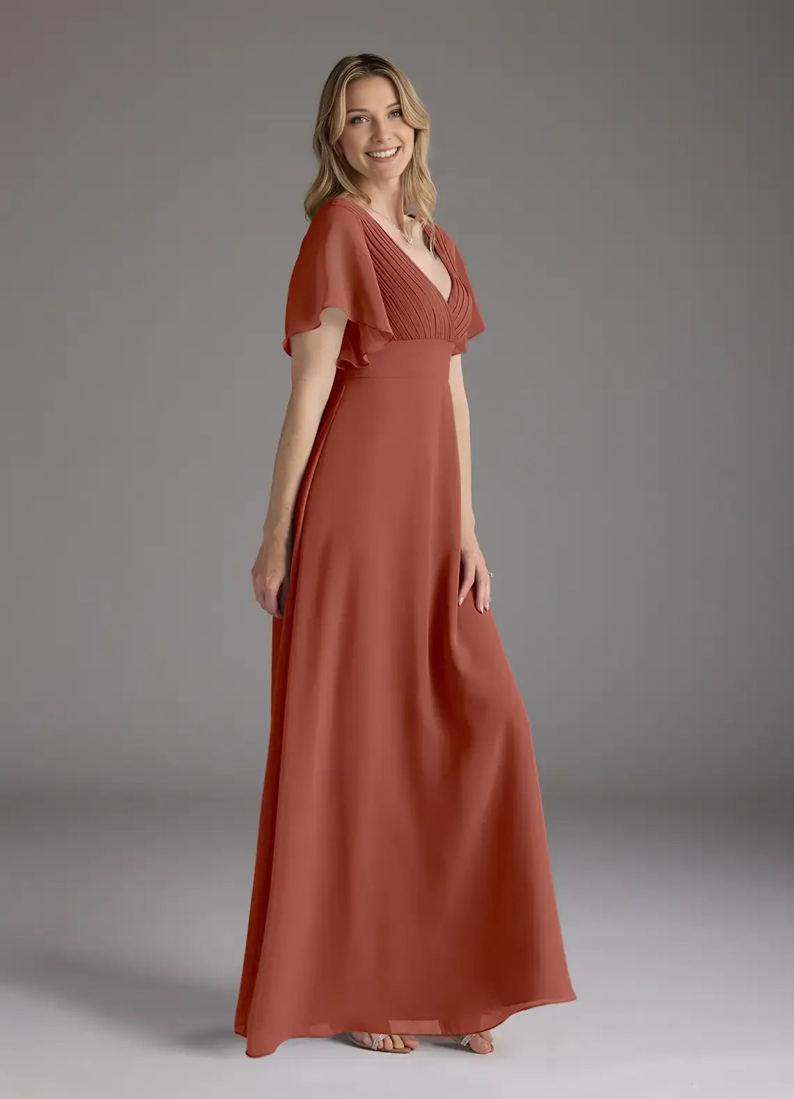 Auburn A-Line V-Neck Pleated Chiffon Mother of the Bride Dress with  Flutter Sleeves and Flowy Maxi Skirt