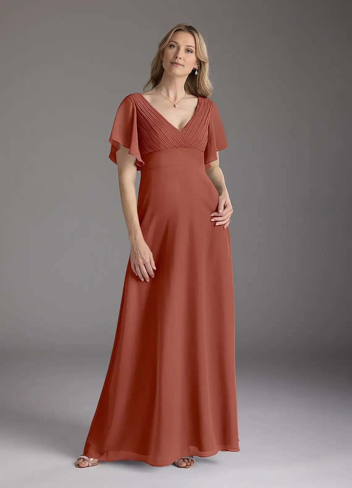 Auburn A-Line V-Neck Pleated Chiffon Mother of the Bride Dress with  Flutter Sleeves and Flowy Maxi Skirt