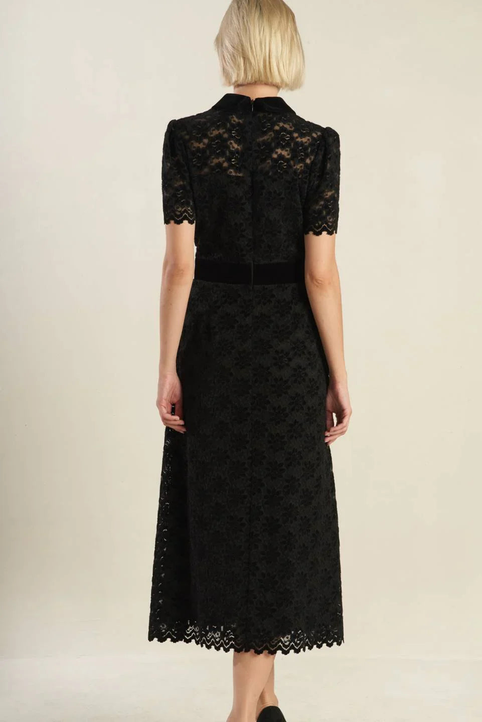 DingJiDress New Pattern Wedding Guest Dress Lace Dress Featuring Shirt Collar Bodice Button Down Short Sleeve Back Zipper Closure Black Formal Dress Evening Dress