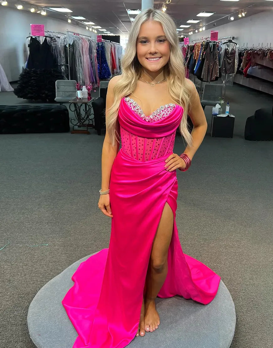 LRoyal Blue Mermaid sequin long satin slit strapless ball dress