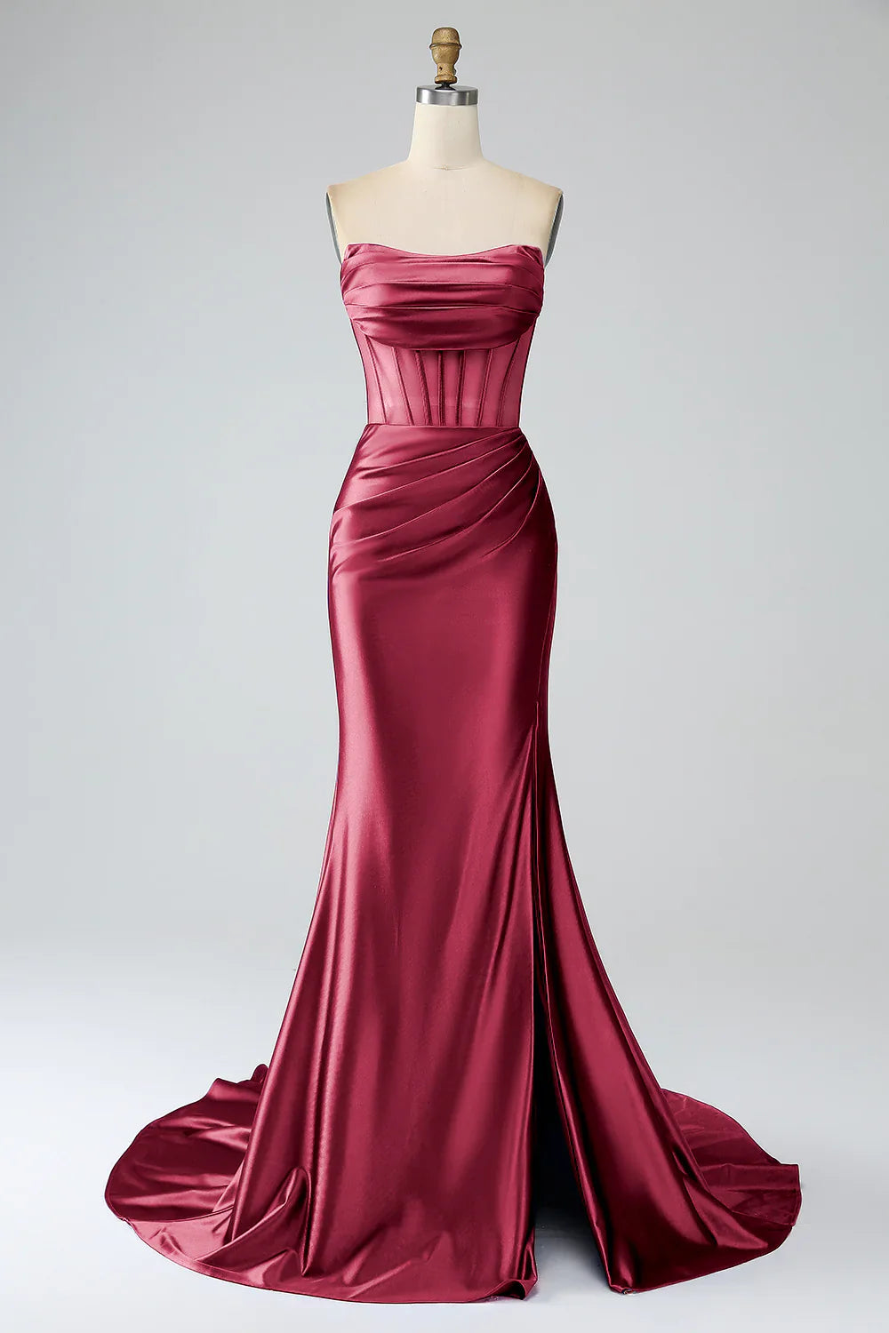 DingJiDress Blush Pink Mermaid Strapless Pleated Corset Long Prom Dress with Slit