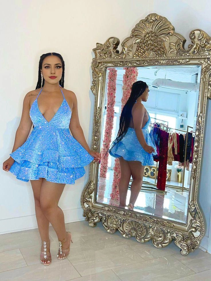 Baby blue sequin halter Homecoming Dresses