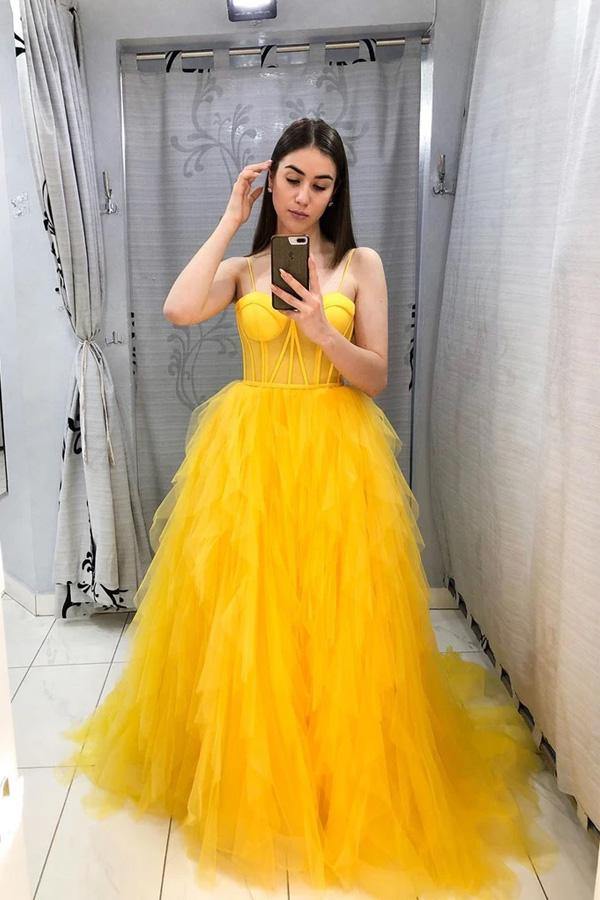 DingJiDress Prom Dresses Custom Made Yellow Spaghetti Straps Sleeveless Backless Sweetheart