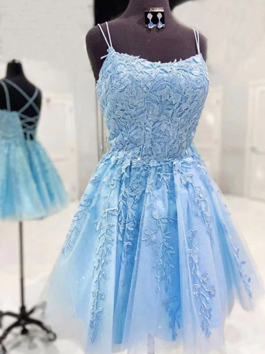 Backless Short Light Blue Lace Prom Dress Sky Blue Lace Formal Graduation Lace Homecoming Dresses