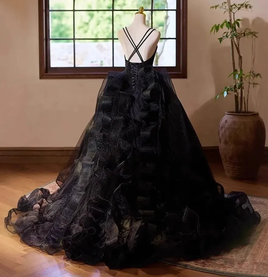 Ball Gown Double Spaghetti Straps Floor-Length Black Wedding Dresses with Criss-cross Lace-up