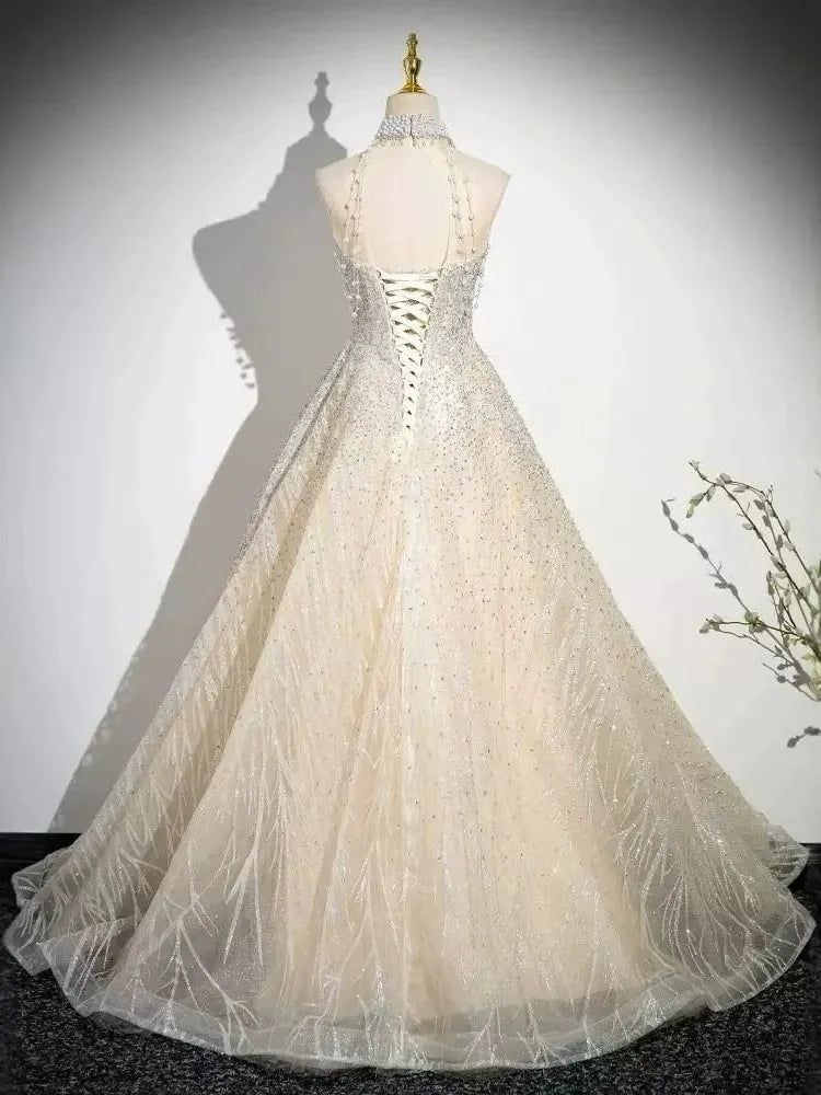 Ball Gown Halter Sleeveless Floor-Length Evening Dresses with Lace-up Jewel Appliques