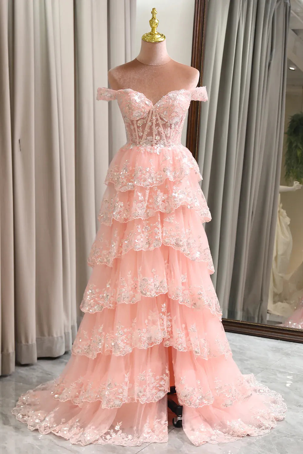 Romantic Ball Gown Off-Shoulder Tiered Sequin Tulle Blush Maxi Prom Dress