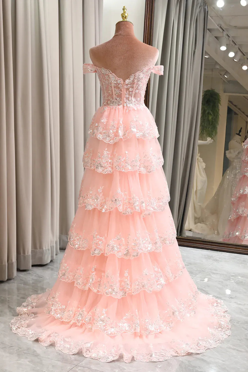 Romantic Ball Gown Off-Shoulder Tiered Sequin Tulle Blush Maxi Prom Dress