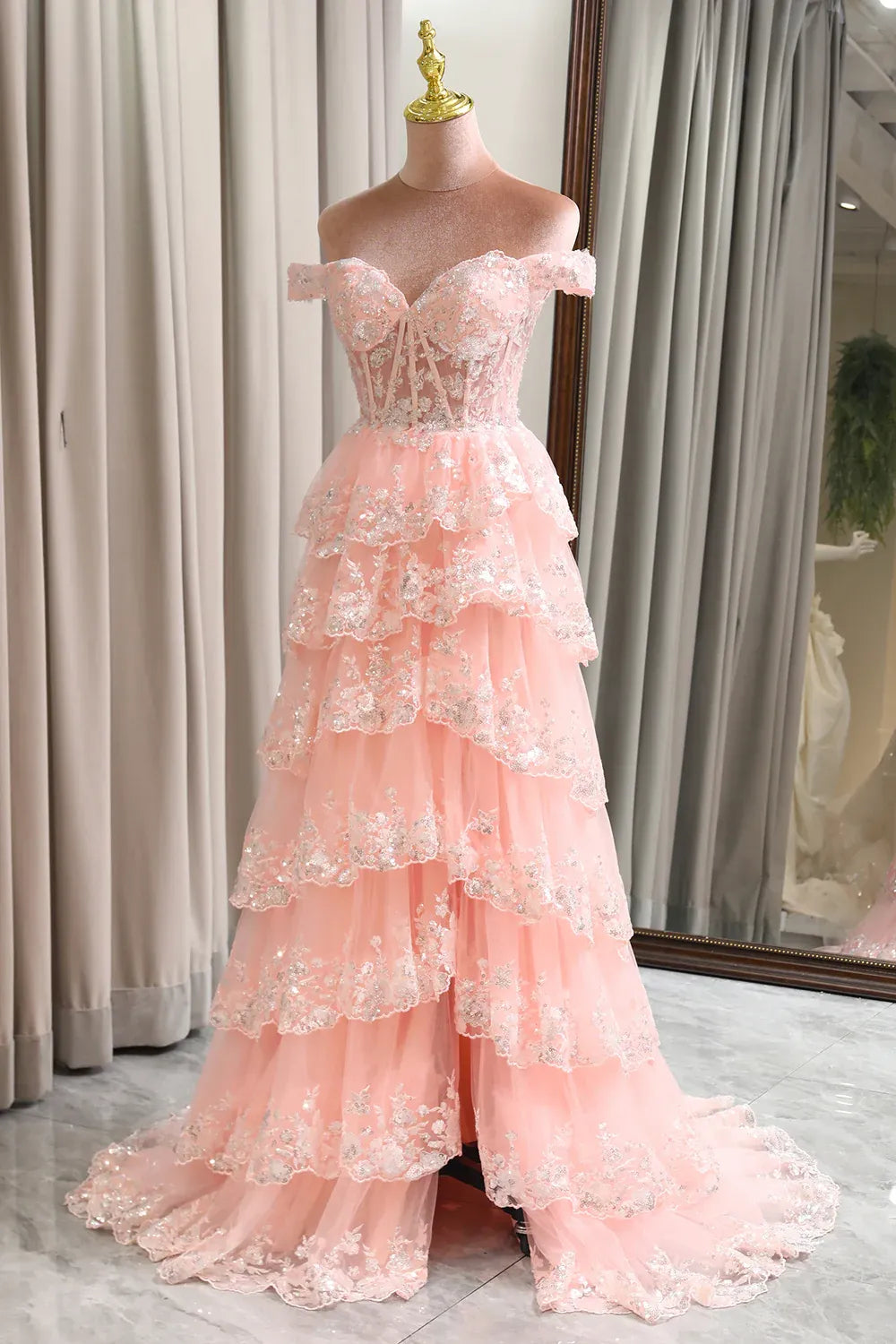 Romantic Ball Gown Off-Shoulder Tiered Sequin Tulle Blush Maxi Prom Dress