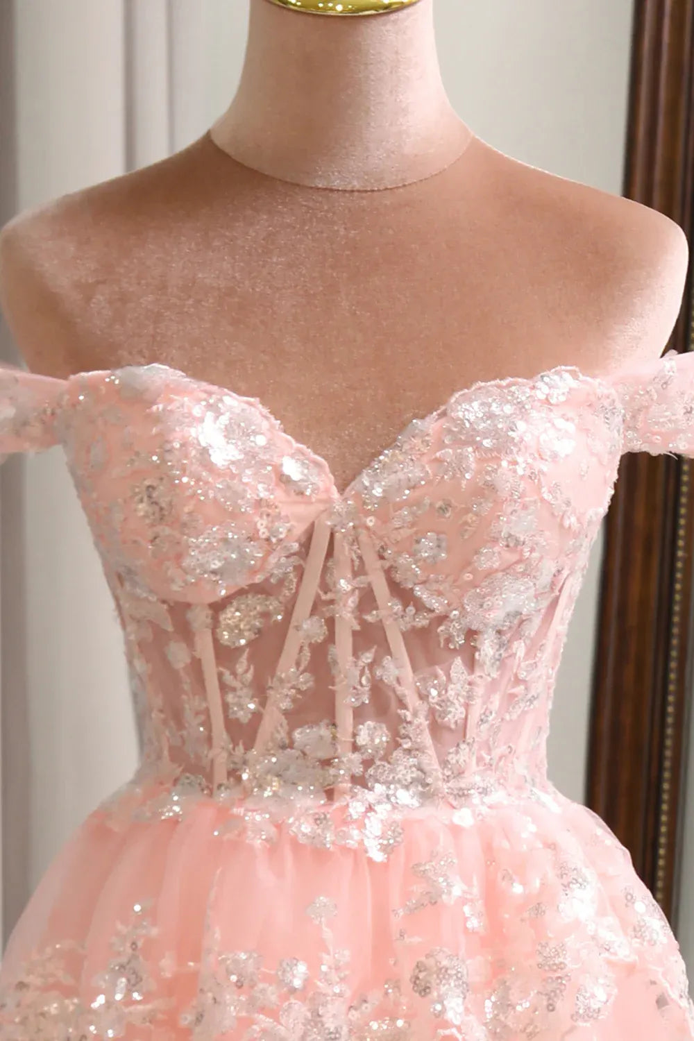 Romantic Ball Gown Off-Shoulder Tiered Sequin Tulle Blush Maxi Prom Dress