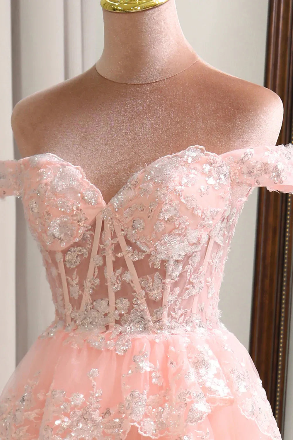 Romantic Ball Gown Off-Shoulder Tiered Sequin Tulle Blush Maxi Prom Dress