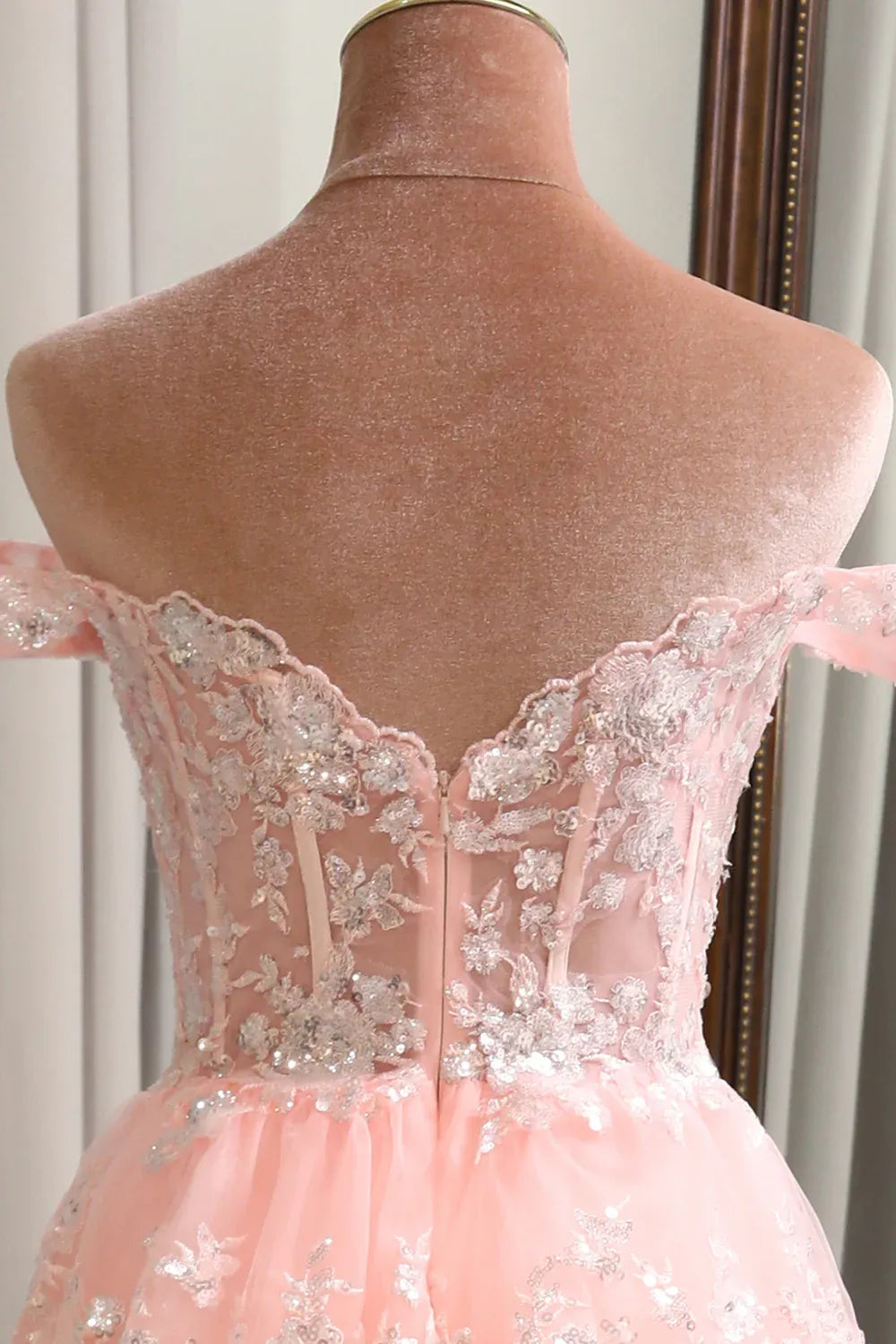 Romantic Ball Gown Off-Shoulder Tiered Sequin Tulle Blush Maxi Prom Dress