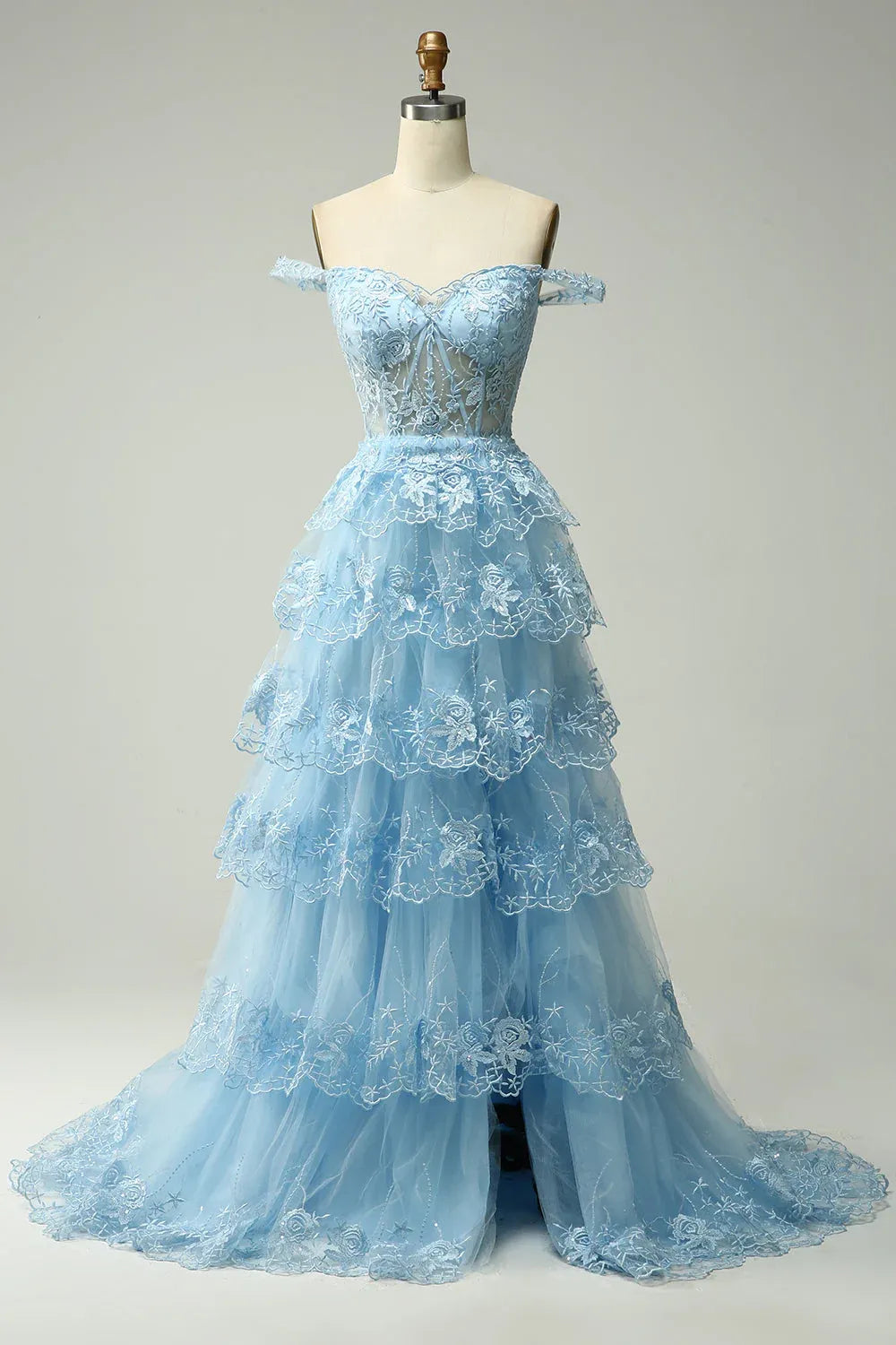 Ball Gown Off-Shoulder Tiered Sheer Lace Tulle Light Blue Maxi Prom Dress