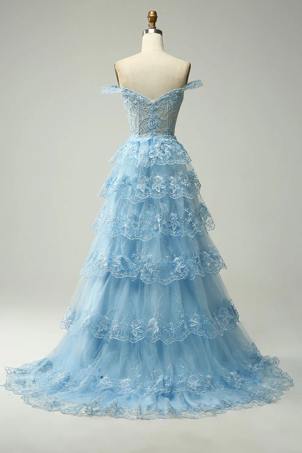 Ball Gown Off-Shoulder Tiered Sheer Lace Tulle Light Blue Maxi Prom Dress