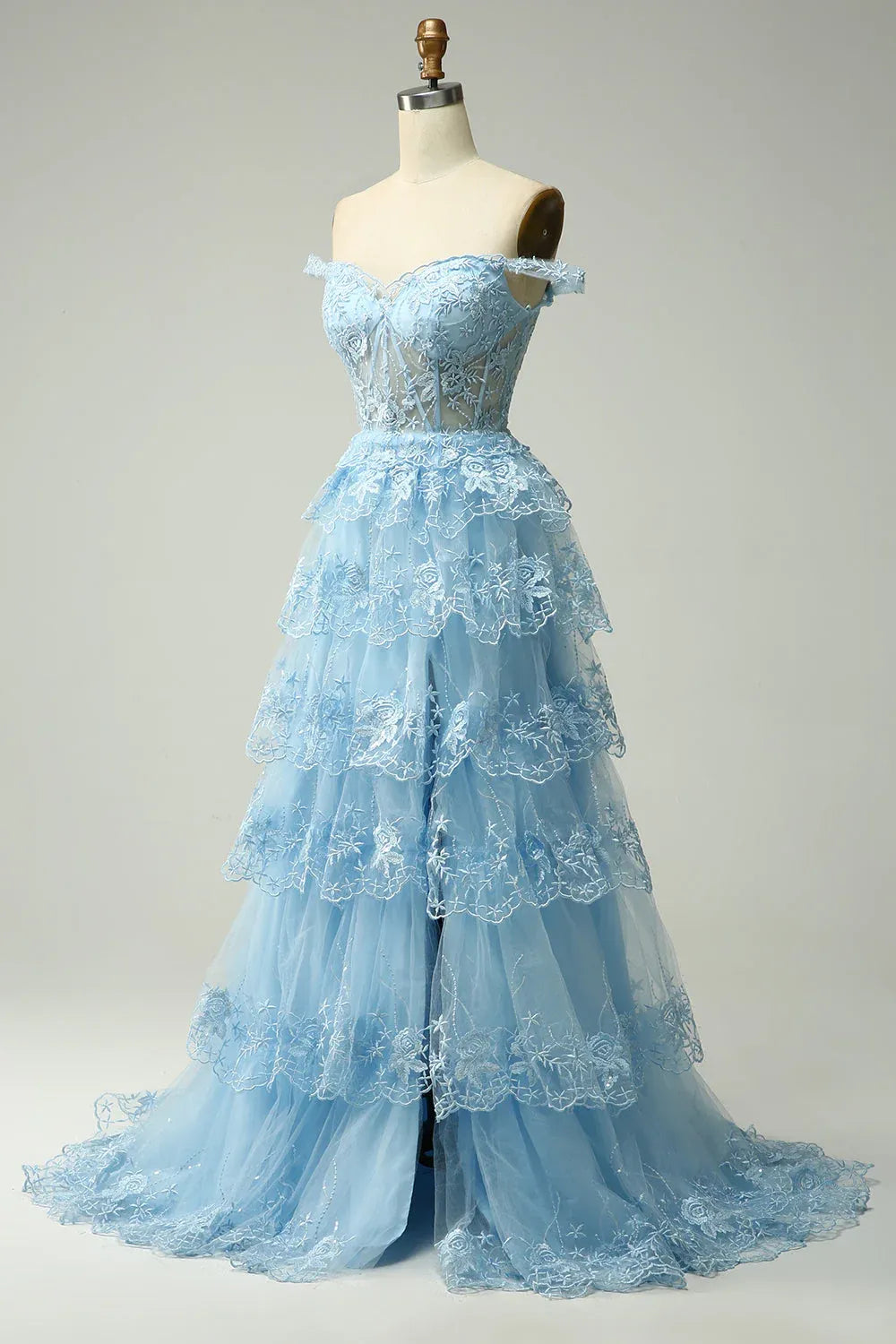 Ball Gown Off-Shoulder Tiered Sheer Lace Tulle Light Blue Maxi Prom Dress
