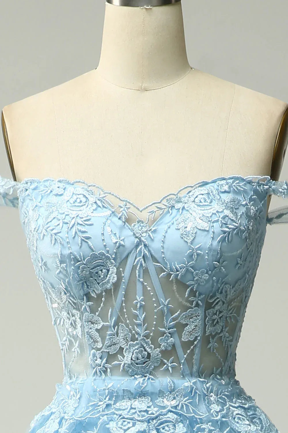 Ball Gown Off-Shoulder Tiered Sheer Lace Tulle Light Blue Maxi Prom Dress