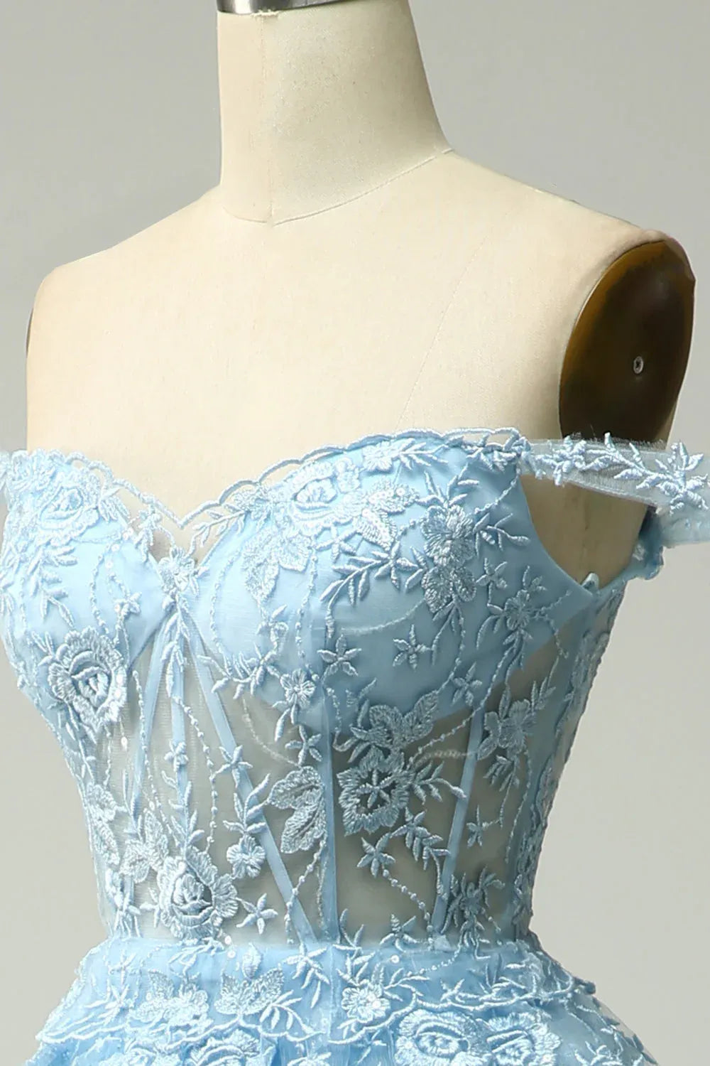 Ball Gown Off-Shoulder Tiered Sheer Lace Tulle Light Blue Maxi Prom Dress