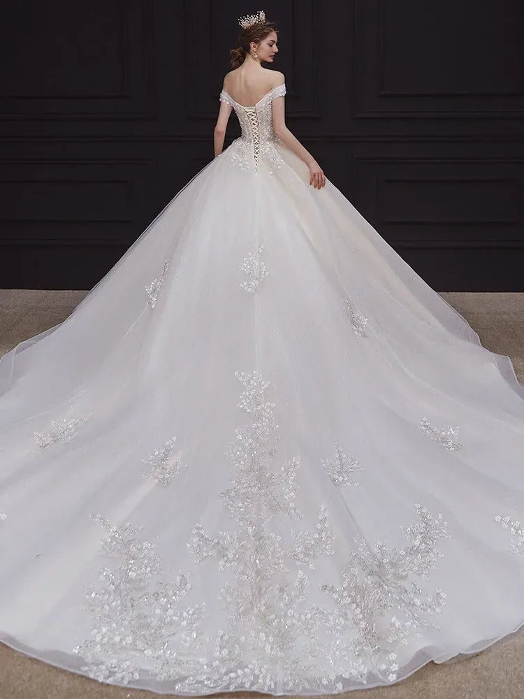 Ball Gown Off-The-Shoulder Floor-Length Pleated Wedding Dresses With Lace Appliques